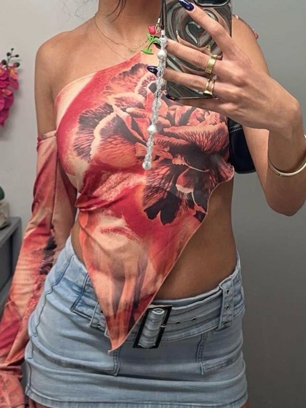 Jaded London Red Floral Asymmetric One-Shoulder Crop Top
